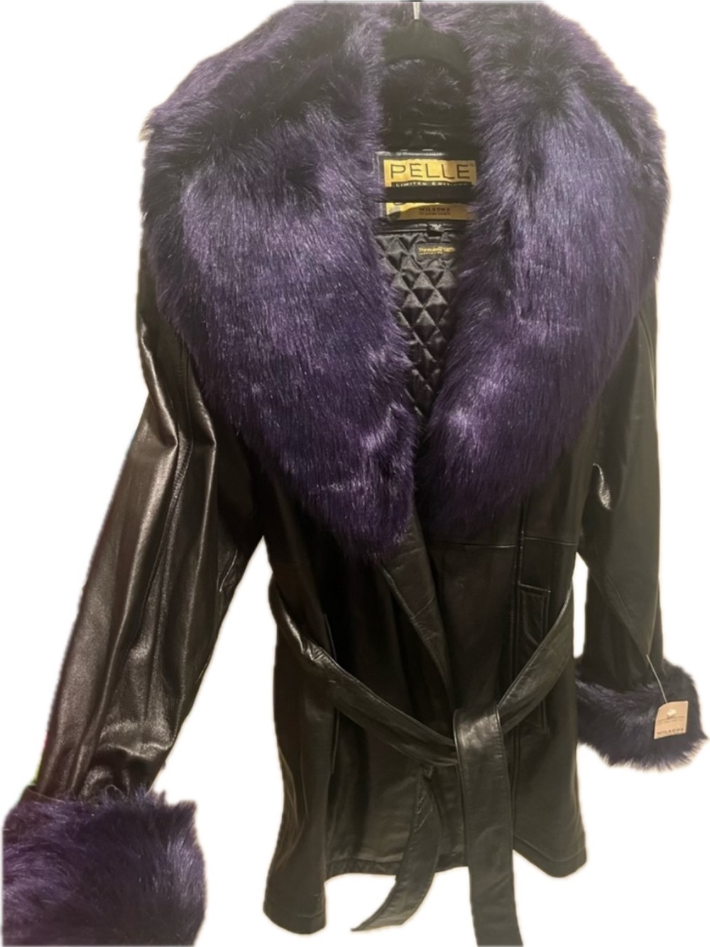 NWT Wilsons Purple Faux Fur LIMITED EDITION Vintage Black Leather Jacket Coat - Picture 3 of 9